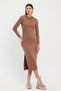 Yumoş Quality Hooded Slit Pencil Dress Milk Brown - 5