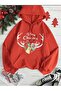 Red New Year Printed Hooded Kangaroo Pocket Unisex Oversize Sweatshirt