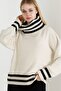 Women's Cream Black Striped Collar Oversize Knitwear Sweater - 5