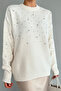 Women's Cream Crew Neck Stone Oversize Sweater - 4