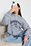 Gray Thick Inside Fleece City Printed Oversize/Wide Fit Hooded Knitted Sweatshirt TWOAW24SW00438