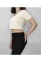 Women's Cream Crop V-collar 100% Cotton Short Sleeve T-shirt - 3