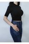 Women's Black Lycra Crop Stand Collar Elbow Sleeve T-shirt - 4