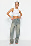 Blue Faded Effect Vintage Low-Rise Wide Leg Jeans TWOSS24JE00032