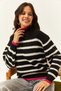 Women's Black Collar and Skirt Color Striped Striped Knitwear Sweater KZK-19000713 - 3