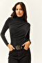 Women's Black Draped High Collar Shiny Blouse BLZ-19002446 - 2