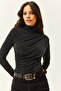 Women's Black Draped High Collar Shiny Blouse BLZ-19002446