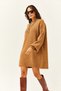 Women's Camel Crew Neck Balloon Sleeve Soft Textured Knitwear Tunic Dress ELB-19001802 - 3