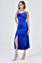 Flexible Velvet Fabric Slit Detailed Collared Shiny Stone Strap Midi Length Cobalt Blue Dress 9333 - 6