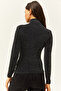 Women's Black Draped High Collar Shiny Blouse BLZ-19002446 - 6