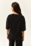 Women's Black Shoulder Gold Buttoned Cotton T-Shirt TSH-19000763 - 5