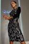 Flexible Diving Fabric Shiny Stone Letter Printed Long Sleeve Black Evening Dress 5093