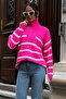 Wide Oversize Fit Low Shoulder Zipper Collar Long Sleeve White Striped Pink Sweater 8070 - 3