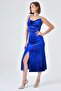 Flexible Velvet Fabric Slit Detailed Collared Shiny Stone Strap Midi Length Cobalt Blue Dress 9333 - 4