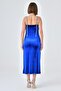 Flexible Velvet Fabric Slit Detailed Collared Shiny Stone Strap Midi Length Cobalt Blue Dress 9333 - 3