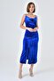 Flexible Velvet Fabric Slit Detailed Collared Shiny Stone Strap Midi Length Cobalt Blue Dress 9333