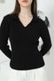 Women's Black Polo V-Neck Knitwear Sweater - 4