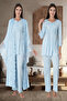 Women's Blue Design Princess Sleeved Cotton Maternity Maternity Dressing Gown Pajama Set