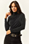 Women's Black Draped High Collar Shiny Blouse BLZ-19002446 - 4