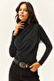 Women's Black Draped High Collar Shiny Blouse BLZ-19002446 - 3