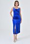 Shiny Stone Strap Slit Detailed Velvet Fabric Scoop Neck Midi Length Cobalt Blue Evening Dress 9333 - 3