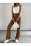 Wide Leg Brown Elastic Waist Knitwear Trousers