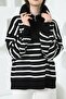 Women's Black Ecru Striped Pattern Full Turtleneck Zippered Oversize Knitwear Sweater