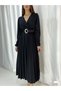 V-Neck Long Sleeve Black Color Pleated Belted Midi Length Evening Dress and Graduation Dress 708 582242 - 3
