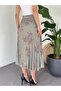 Patterned Pleated Zippered Satin Skirt - 3