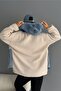 Women's Beige Snap Button Denim Garnished Hooded Plush Jacket - 3