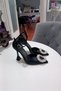 Black Satin 11cm Champagne Heeled Evening Dress Women's Shoes with Stone Accessories and Ankle Belt
