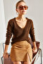 Women's Brown V-Neck Knitwear Sweater Stk106 - 2