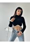 New Season Asymmetric Cut Turtleneck Long Sleeve Black Crop Knitwear Sweater 137