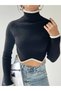 Asymmetrical Cut Turtleneck Long Sleeve Black Crop Knitwear Sweater 137 - 4