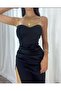 Flexible Fabric Black Color Strapless Long Evening Dress with Floor Detail and Deep Slit 582184 696 - 3