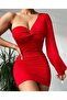 Women's Red Single Sleeve Side Gathered Short Dress - 3
