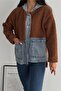 Women's Brown Snap Button Denim Hooded Plush Jacket - 4