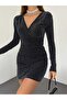 Mazelf Women's Stretchy Silvery Sandy Fabric Long Sleeve Kr Double-Breasted Aka Mini Evening Dress - 4