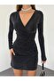 Mazelf Women's Stretchy Silvery Sandy Fabric Long Sleeve Kr Double-Breasted Aka Mini Evening Dress - 3