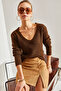 Women's Brown V-Neck Knitwear Sweater Stk106 - 4