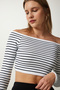 Women's White Square Neck Striped Crop Blouse PF00019