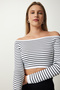Women's White Square Neck Striped Crop Blouse PF00019 - 3