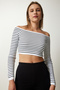 Women's White Square Neck Striped Crop Blouse PF00019 - 2