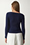 Women's Navy Blue Square Collar Corduroy Knitted Blouse GT00052 - 4