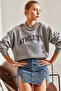 Women's Gray Athletic Printed Three-Thread Ribbed Sweatshirt Stk55 - 5