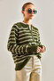 Women's Khaki Striped 11-Button Knitwear Sweater 20235067 - 2