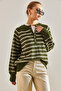 Women's Khaki Striped 11-Button Knitwear Sweater 20235067 - 3