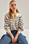 Women's Ecru Navy Blue Striped 11 Button Knitwear Sweater 20235067 - 6
