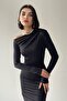Women's Flexible Micro Fabric Shoulder Low-cut Detailed Long Sleeve Maxi Black Dress 199 - 5