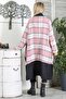Pink-Black Handkerchief Collar Long Sleeve Plaid Double Pocket Long Fit Woven Casual Coat - 8